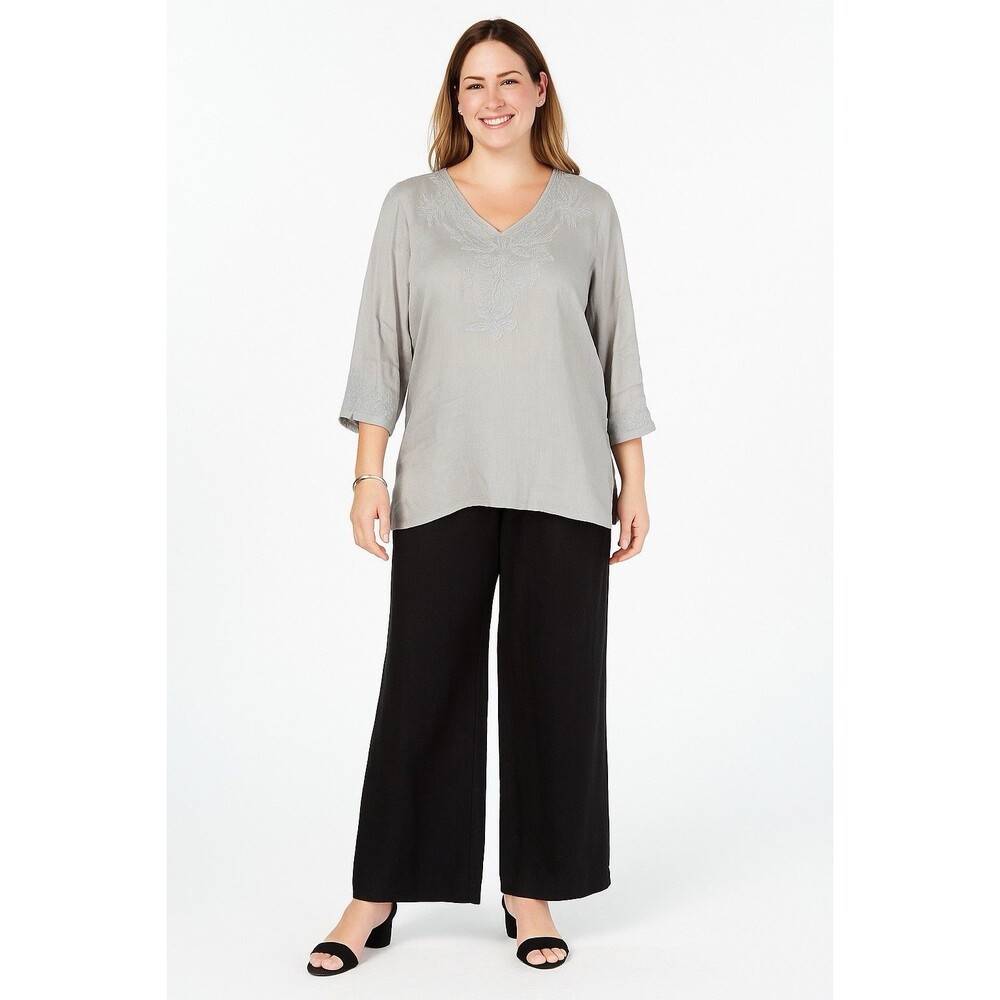 Linen Charter Club Blouse Tunic Top Gray Embroidered V Neck 3/4 Sleeve Boho XL